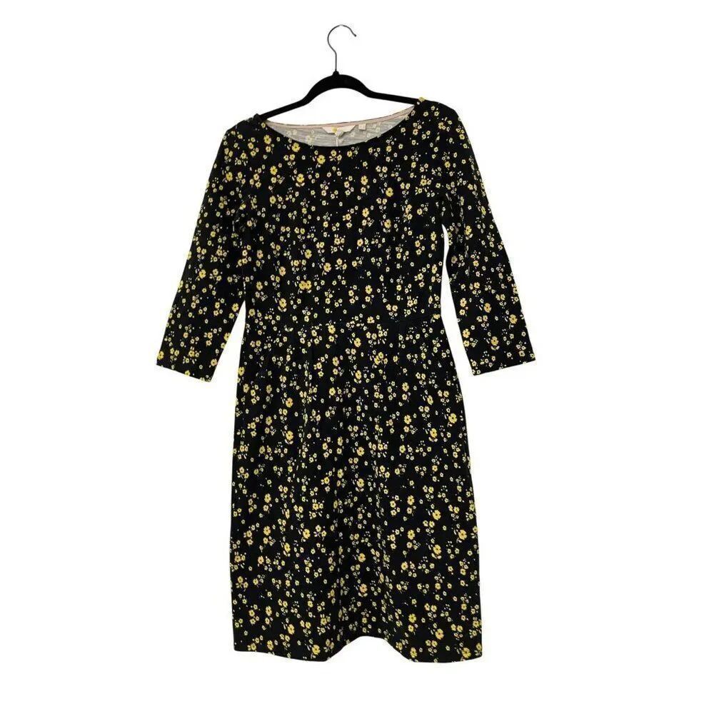 Boden Womens Dress UK 8R US 4R Floral Black yellow Jersey Boat Neck J0074 NWT